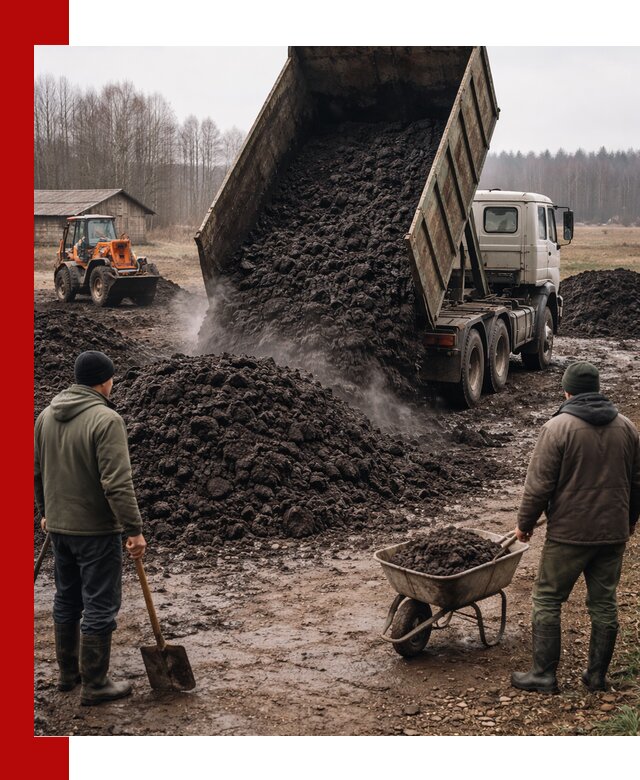 Доставка низинного торфа с разгрузкой и доставкой в бору