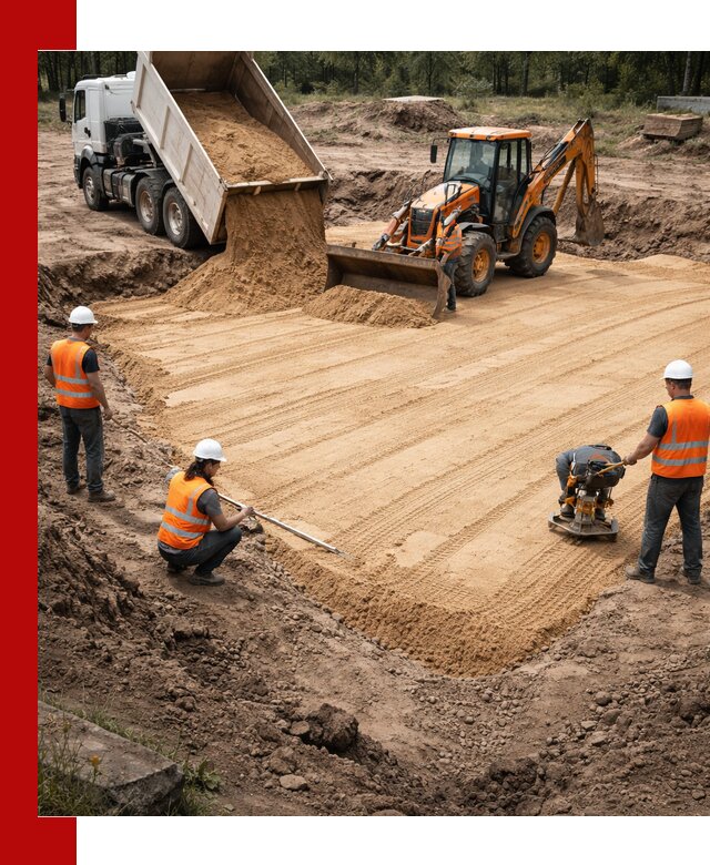 Устройство песчаной подушки для фундаментов и дорог в бору